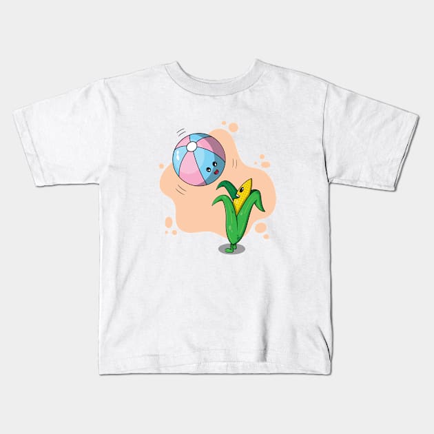 Cute corn playing with beach balloon Kids T-Shirt by TTirex